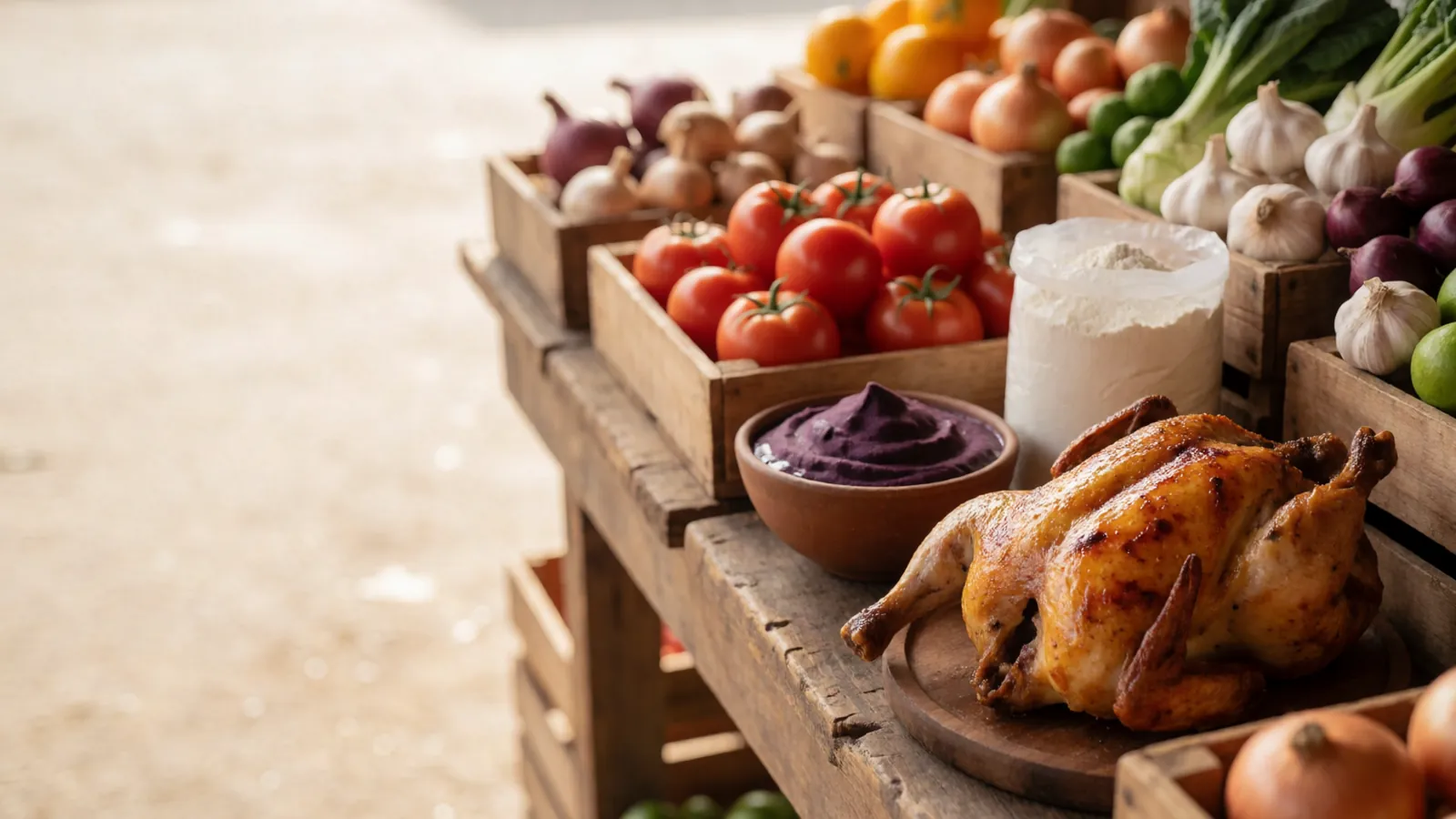 Balcão com frango assado, açaí, farinha, tomate, cebola e alho
